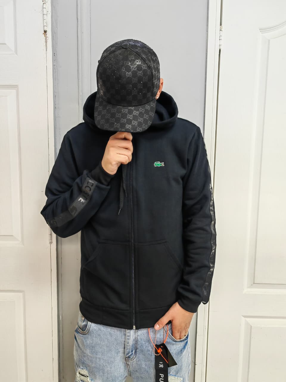 POLERON LACOSTE NEGRO LOGO VERDE 